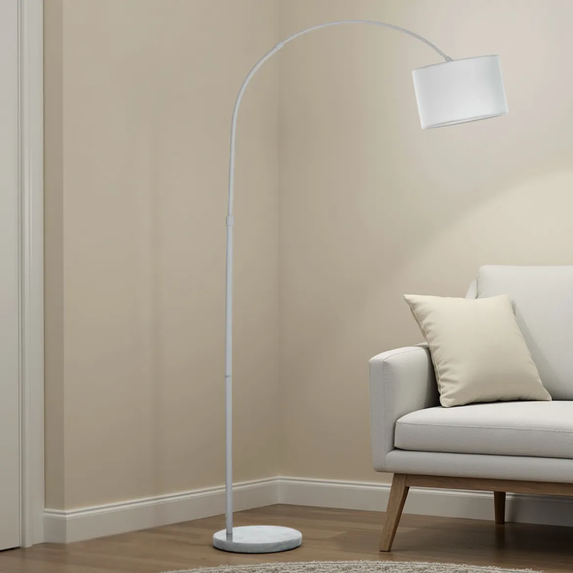 Thie lampada da terra in acciaio bianco opaco e tessuto 98x30xh178 cm