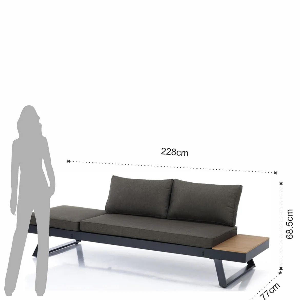 Thilia divano e chaise longue da interno - esterno in alluminio antracite opaco 228x77xh68.5 cm