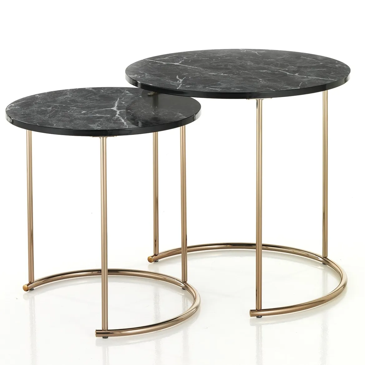Thin-r black marble set 2 tavolini acciaio verniciato oro rosa lucido piano mdf finitura marmo nero h495 d50