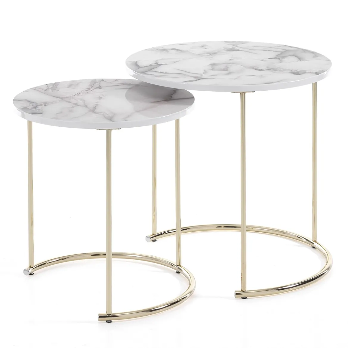 Thin-r white marble set 2 tavolini rotondi in acciaio oro lucido e mdf finitura marmo bianco lucido