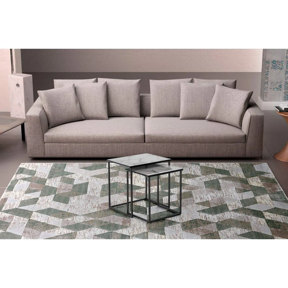 Thin white marble set 2 tavolini in acciaio grigio antracite opaco e mdf finitura marmo bianco lucido