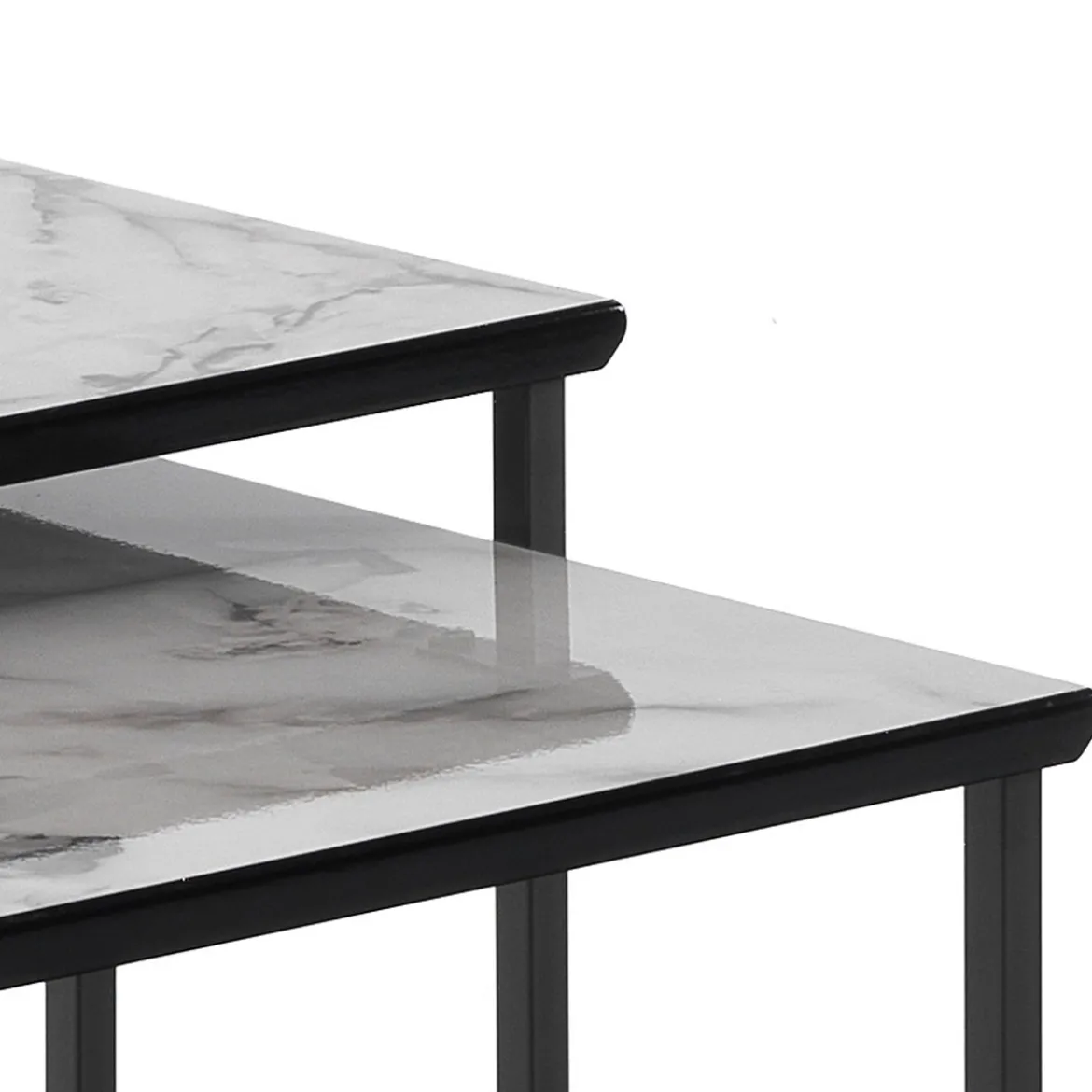 Thin white marble set 2 tavolini in acciaio grigio antracite opaco e mdf finitura marmo bianco lucido