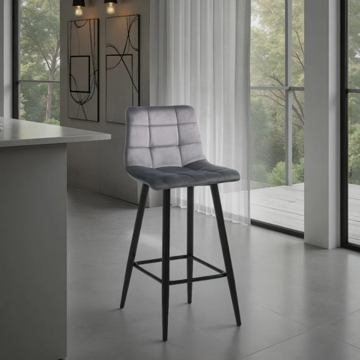 Toffee grey home sgabello rivestito tessuto effetto velluto grigio struttura metallo nero cm h91 l44 p50 seduta h65