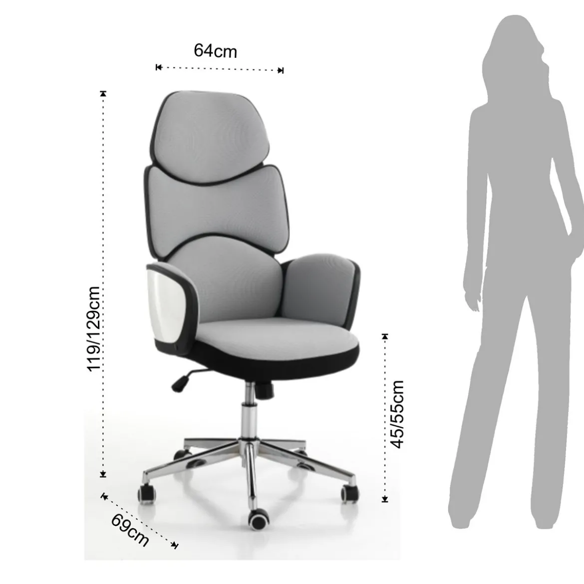 Toledo poltrona da ufficio regolabile e girevole egg in tessuto grigio ghiaccio e plastica bianco lucido 64x69 h119/129 cm