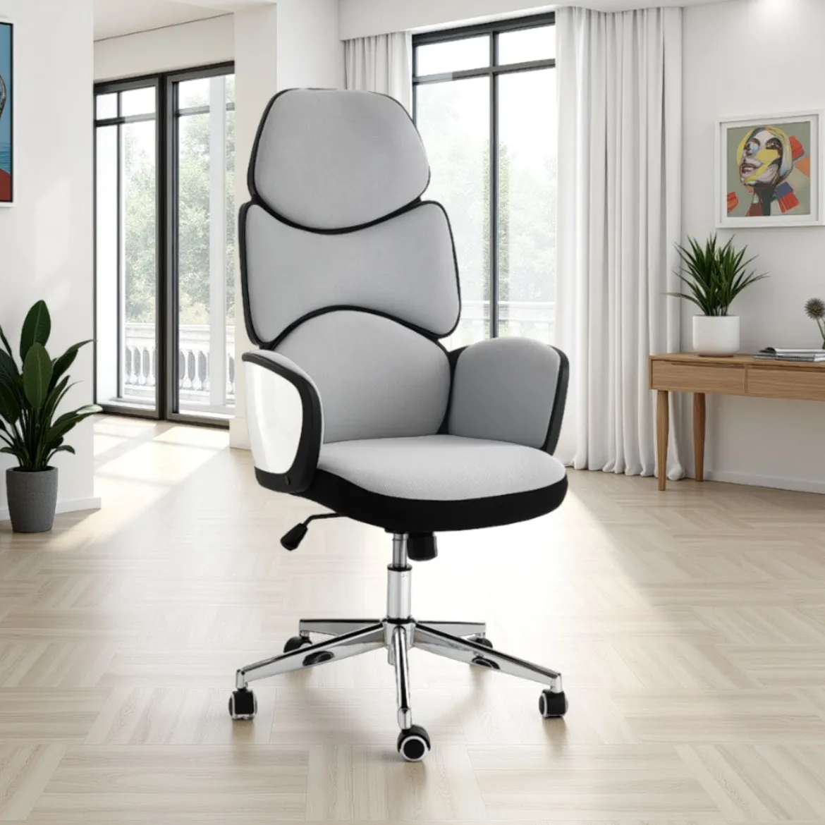 Toledo poltrona da ufficio regolabile e girevole egg in tessuto grigio ghiaccio e plastica bianco lucido 64x69 h119/129 cm