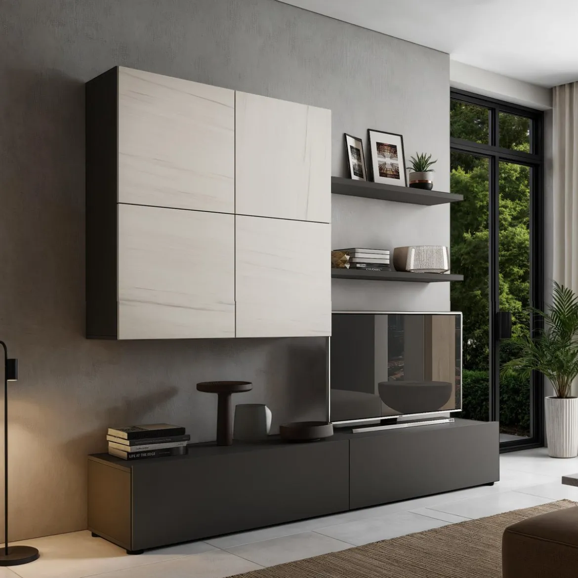 Tonya parete soggiorno grigio graphite opaco e 4 ante con finitura marmo 200x39.5xh194 cm