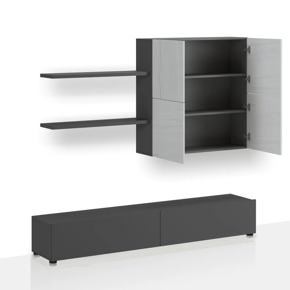 Tonya parete soggiorno grigio graphite opaco e 4 ante con finitura marmo 200x39.5xh194 cm
