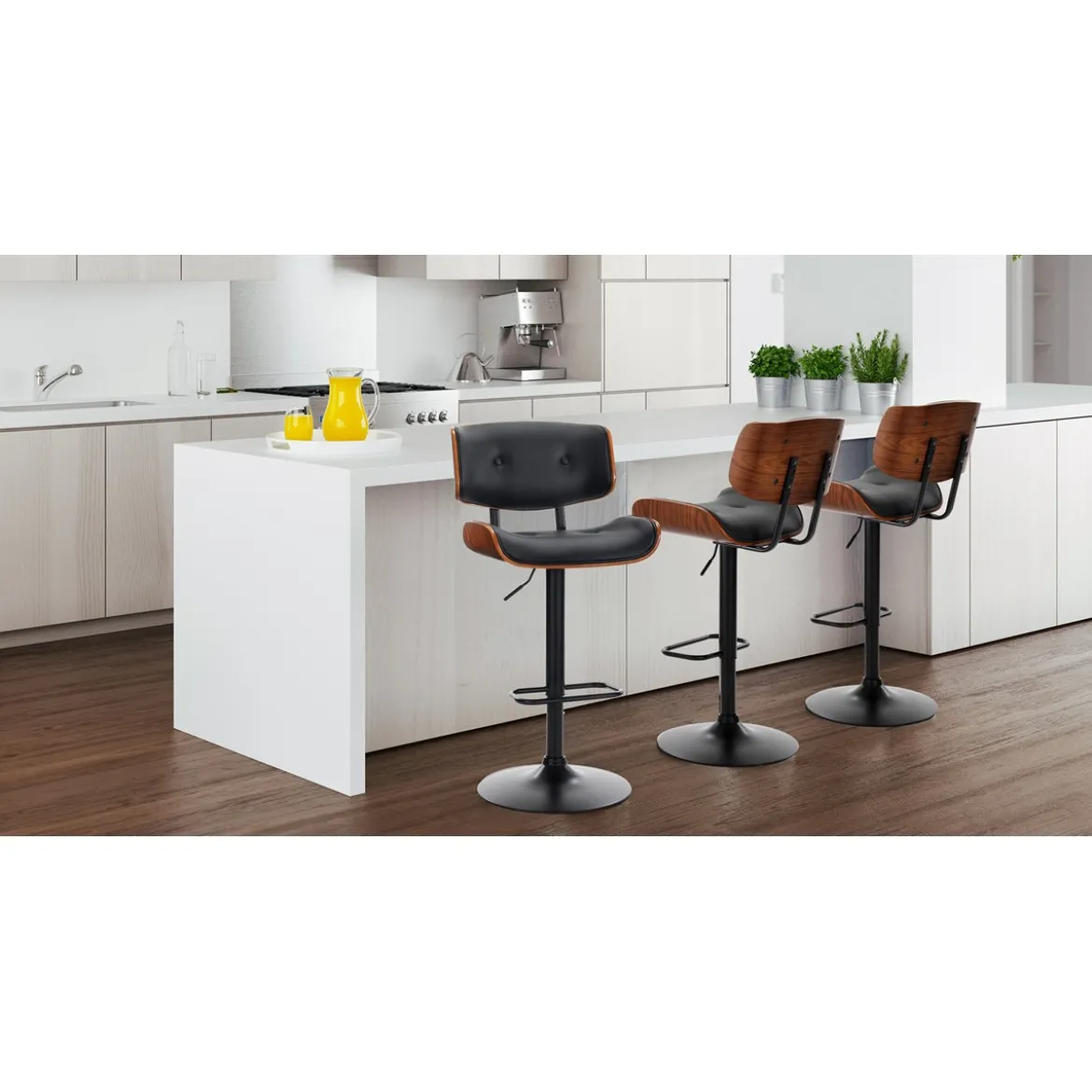 Uppsala black sgabello legno multistrato tinto finitura noce pelle sintetica nera metallo nero opaco h95/115 l51 p55
