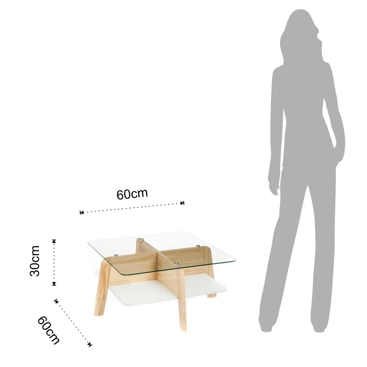 Varm tavolino in legno finitura rovere piano in vetro trasparente 60x60 h30 cm