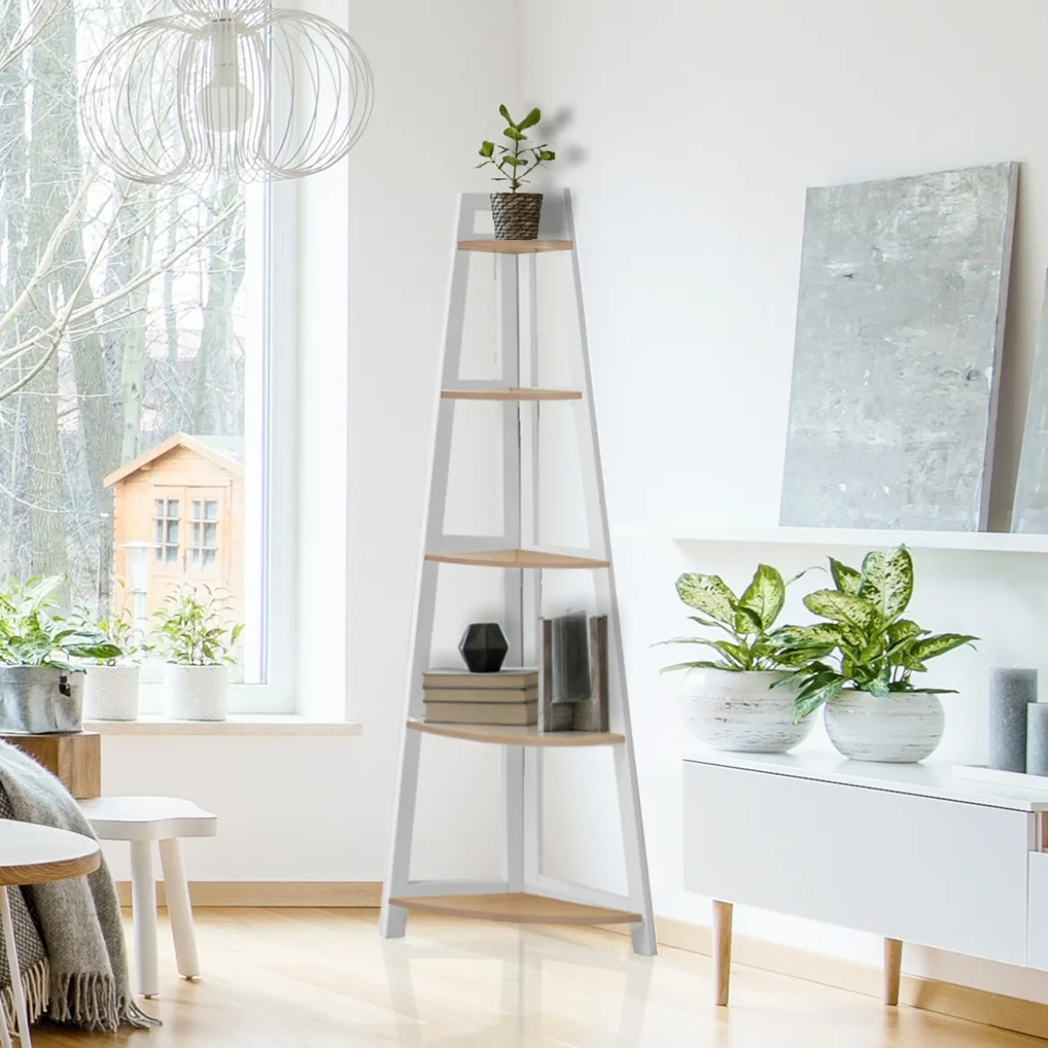 Varm wood libreria angolare laccata bianco opaco e finitura rovere 36x36xh170 cm
