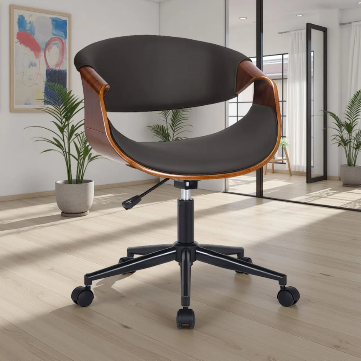 Visby dark wood sedia da ufficio regolabile e girevole multistrato finitura noce in pelle sintetica nera 54x55 h73/83 cm