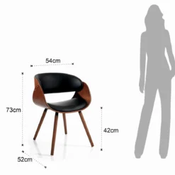 Visby evo dark wood sedia in pelle sintetica nera e legno finitura noce 50x52xh73 cm