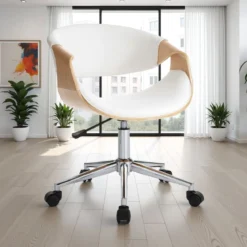 Visby wood sedia da ufficio regolabile e girevole multistrato finitura rovere e pelle sintetica bianca 54x55 h73/83 cm