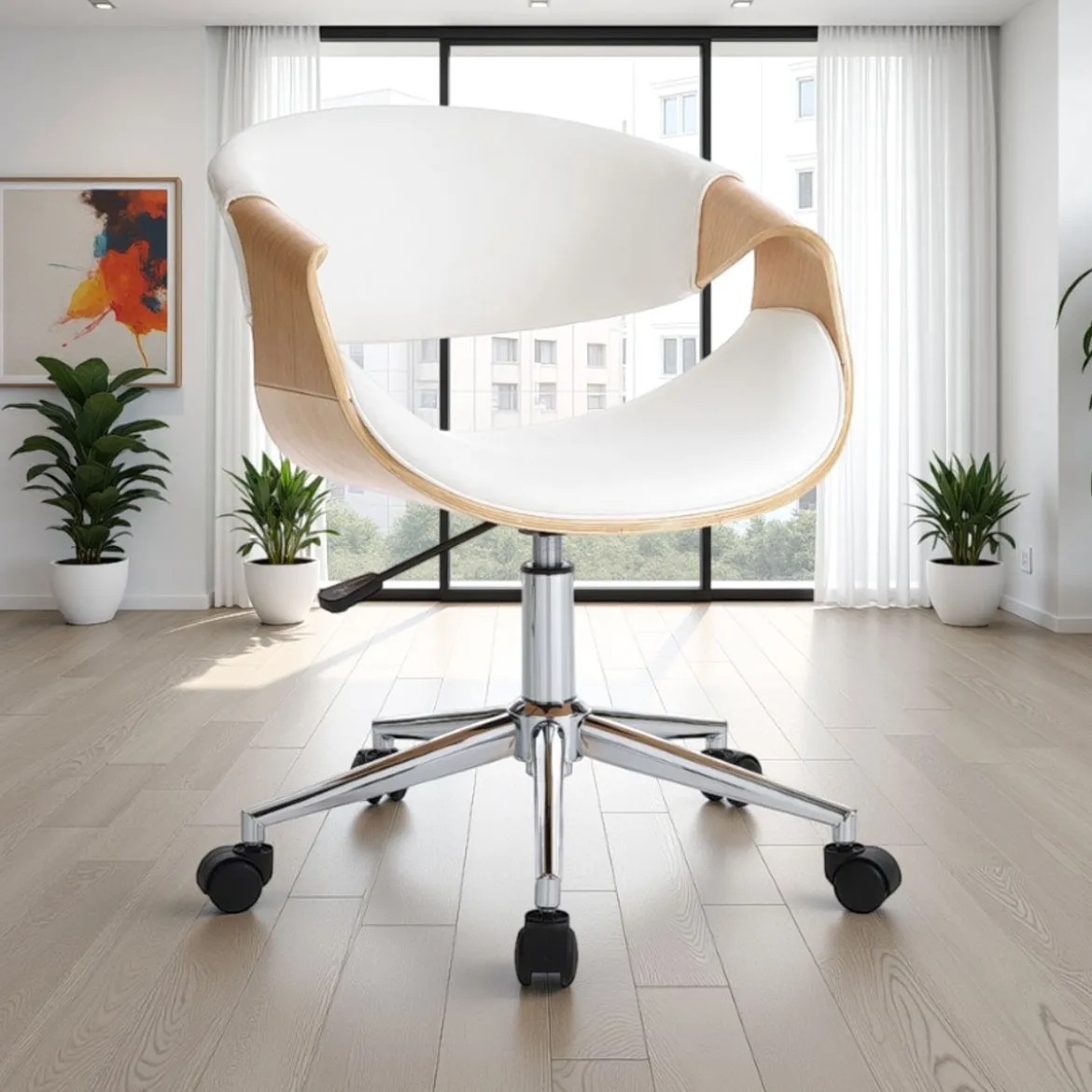 Visby wood sedia da ufficio regolabile e girevole multistrato finitura rovere e pelle sintetica bianca 54x55 h73/83 cm