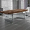 Waver Wood Tavolo Fisso / Scrivania finitura Noce anticato e gambe in Vetro Temprato, 200 x 100 x h 76 cm
