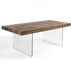 Waver Wood Tavolo Fisso / Scrivania finitura Noce anticato e gambe in Vetro Temprato, 200 x 100 x h 76 cm