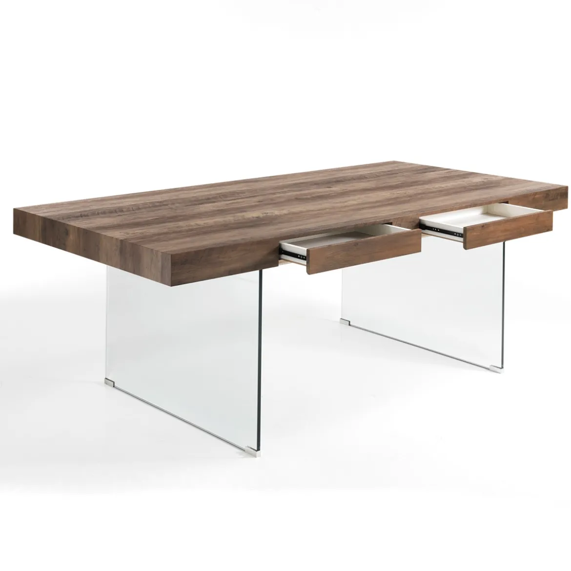 Waver Wood Tavolo Fisso / Scrivania finitura Noce anticato e gambe in Vetro Temprato, 200 x 100 x h 76 cm