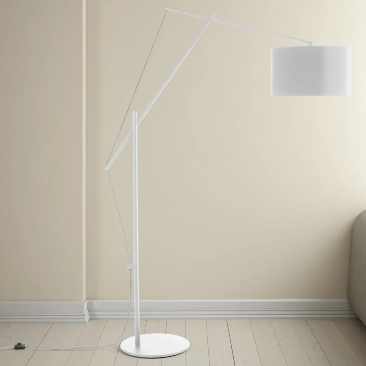 White gear lampada da terra fusto metallo bianco opaco paralume tessuto bianco h210 p50 l160