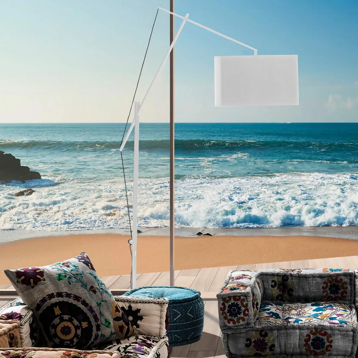 White gear lampada da terra fusto metallo bianco opaco paralume tessuto bianco h210 p50 l160