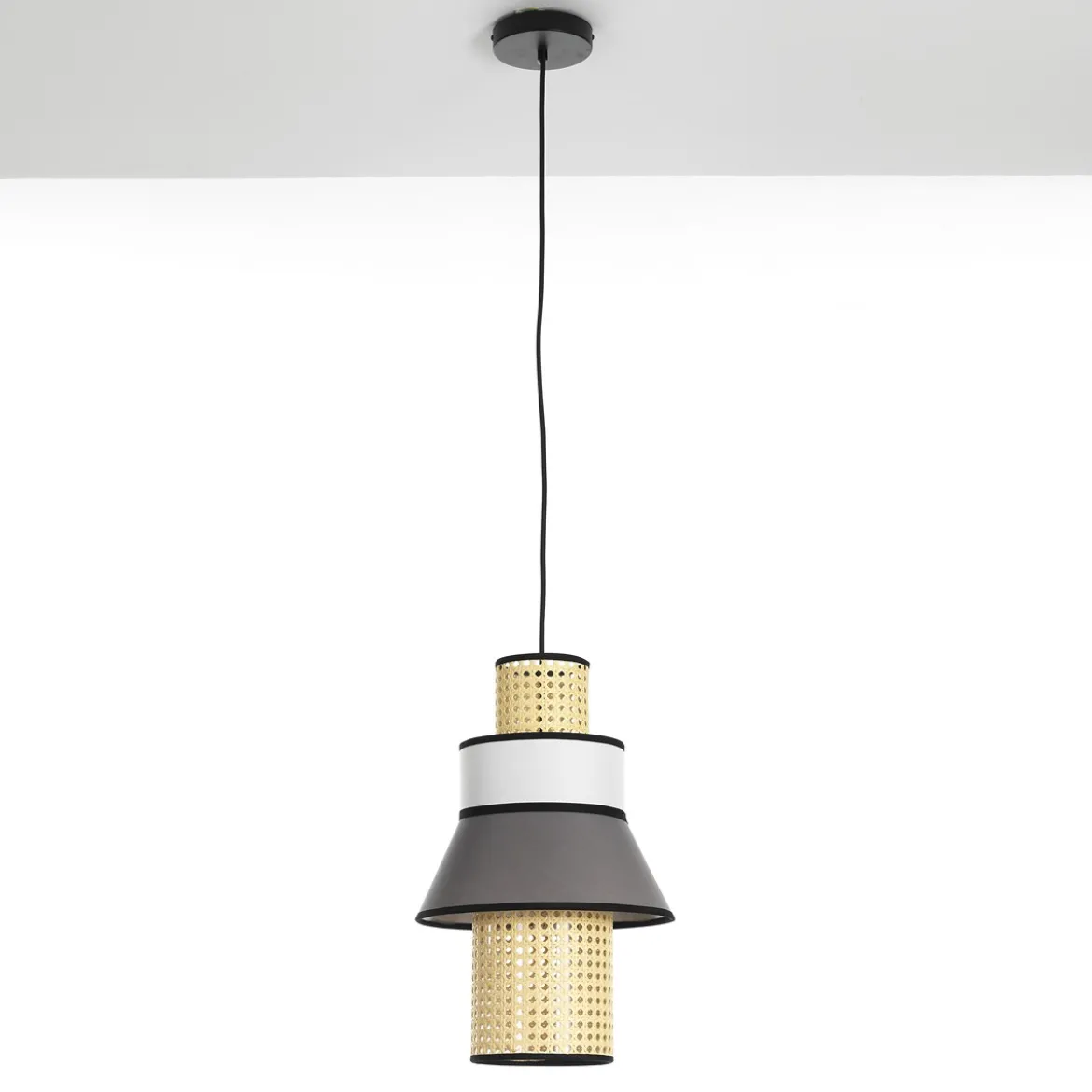 Wien a lampadario rivestito in tessuto colorato grigio bianco e paglia di vienna cn cavo regolabile d27 h43 cm