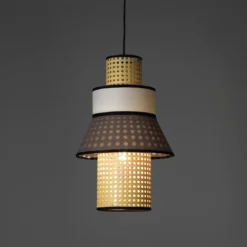 Wien a lampadario rivestito in tessuto colorato grigio bianco e paglia di vienna cn cavo regolabile d27 h43 cm