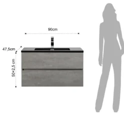 Willy black cement bagno 90 finitura grigio cemento 2 cestoni e lavello nero 90x47.5xh52 cm