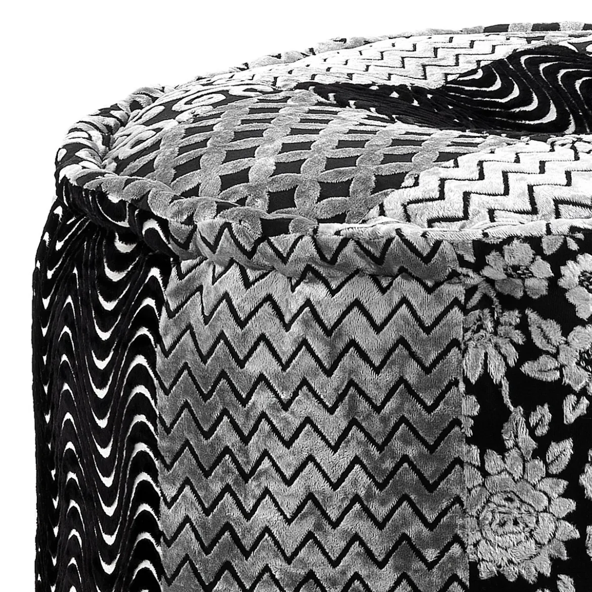 Yara black/grey pouf rotondo tessuto effetto velluto patchwork interno in fibre di stoffe non sfoderabile ø50x30 cm