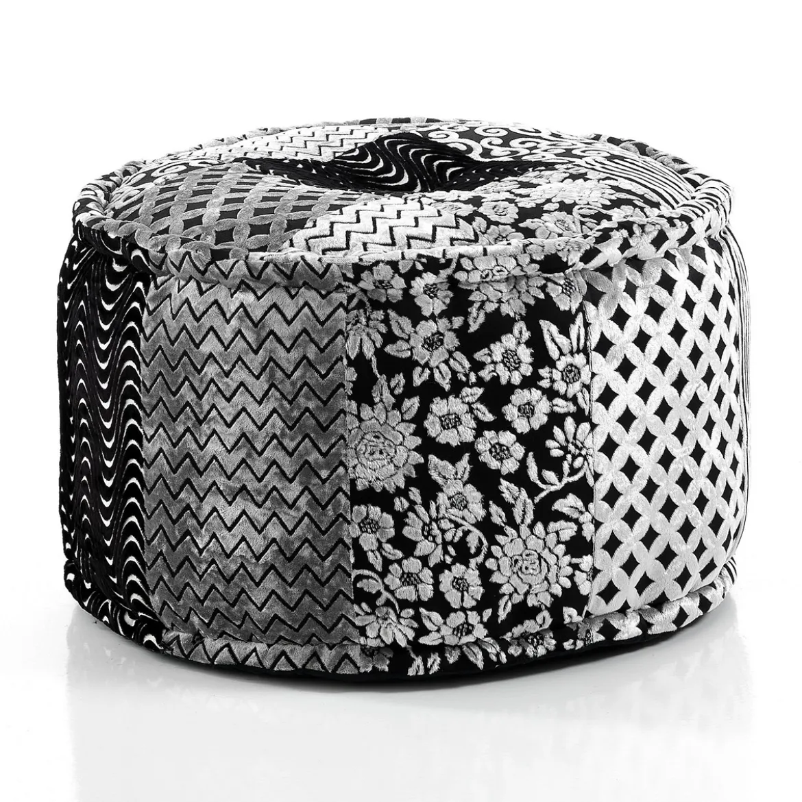 Yara black/grey pouf rotondo tessuto effetto velluto patchwork interno in fibre di stoffe non sfoderabile ø50x30 cm