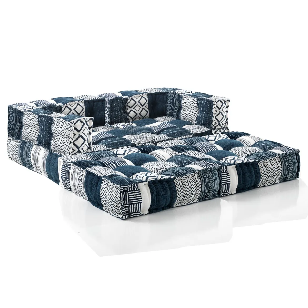 Yara high divano 2 posti composizione 10 rivestimento cotone 100% patchwork blu 160x80xh60 cm