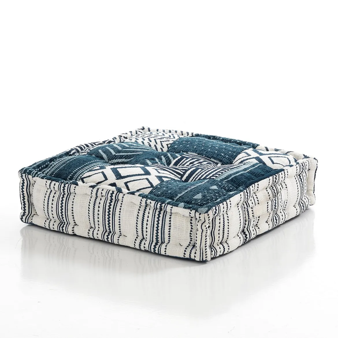 Yara white blue cuscino piccolo in cotone bianco e blu con maniglia laterale 50x50x12 cm