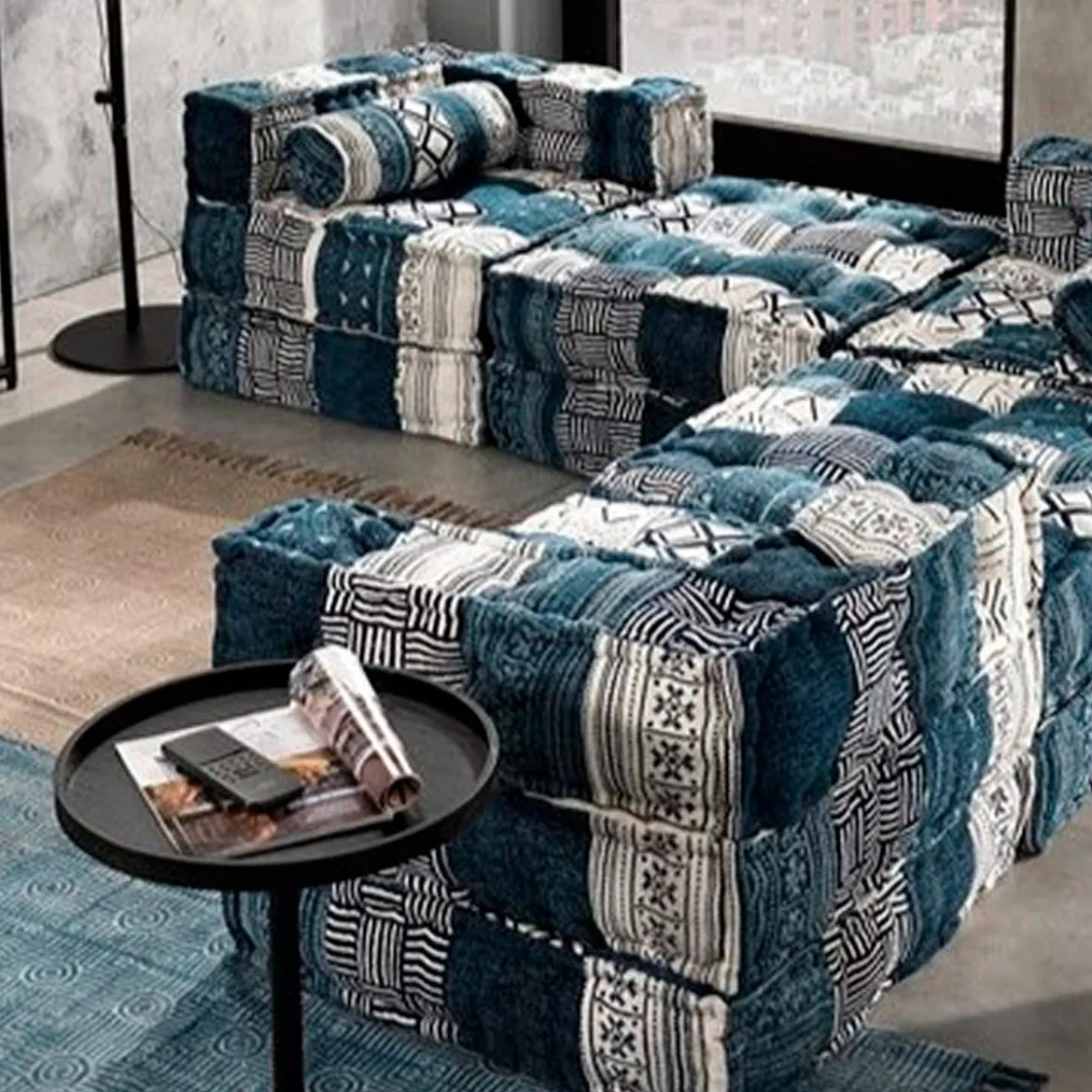 Yara white/blue elemento angolare rivestimento cotone 100% patchwork bianco e blu 80x80xh40 cm