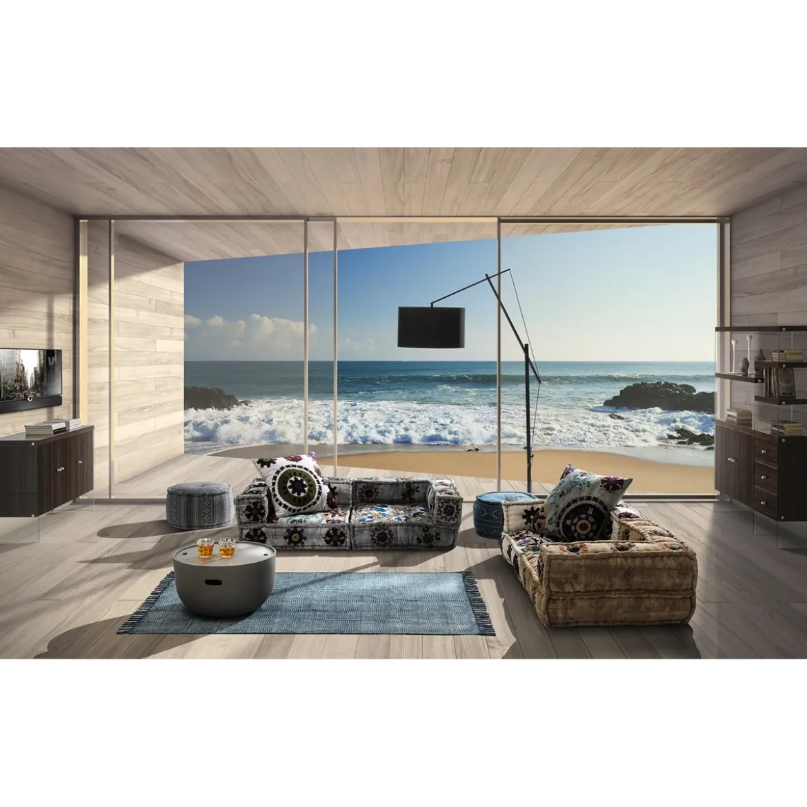 Yara white elemento angolare in cotone bianco con disegni decorativi artigianali 80x80x40 cm