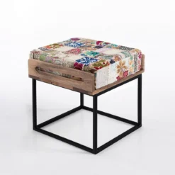 Yara white patch pouf/tavolino acciaio e legno mango cuscino patchwork bianco gommapiuma cm 40x46x44